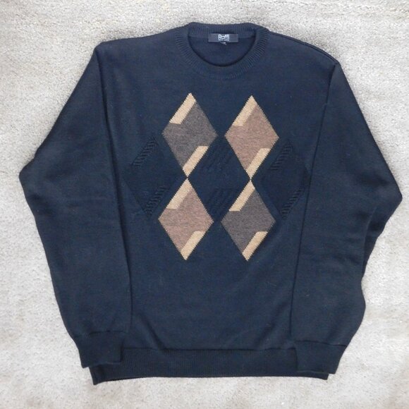Raffi Black Argyle Diamond Crewneck Wool Blend Sweater Size X Italy Mens - Picture 1 of 9